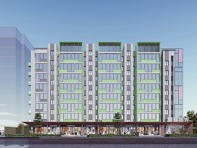 Rural Self Built Multi Storey Building With Green Gray Exterior And Ground Floor Shops 3d model