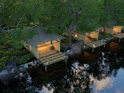 Wooden Pergola With Thatched Roof Illuminated By Waterfront Trees And Water Reflection At Night 3d model