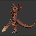 Man In Red Dragon Horned Armor Holding Flaming Sword With Ornate Design
