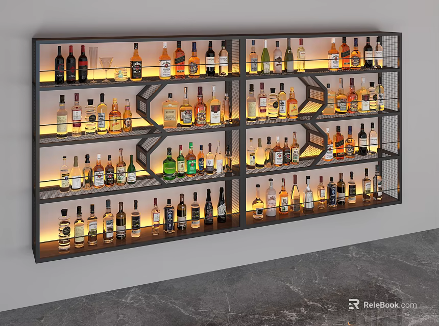 Wall Mounted Multi Tiered Wine Cabinet With Warm Lighting Displaying Various Wine Bottles 3d model 