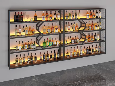 Wall Mounted Multi Tiered Wine Cabinet With Warm Lighting Displaying Various Wine Bottles 3d model
