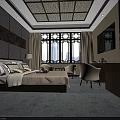 Chinese Style Hotel Guest Room With Bed Sofa Lattice Window And Decorative Paintings