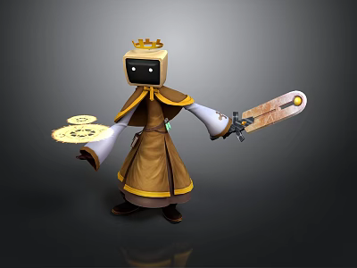 Cartoon Character With Golden Crown Brown Robe Large Sword And Gold Coins 3d model