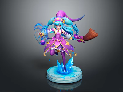 Magical Witch Model With Purple Pink Outfit Blue Braided Hair Broom And Blue Magic Effects 3d model