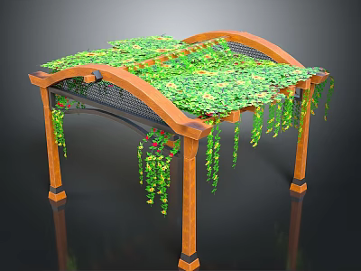 Wooden Pergola Structure With Green Plant Covered Roof And Hanging Vines 3d model