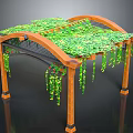 Wooden Pergola Structure With Green Plant Covered Roof And Hanging Vines