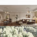 Retro Style Living And Dining Room With Brown Leather Sofa And Classic Art Wall Decor