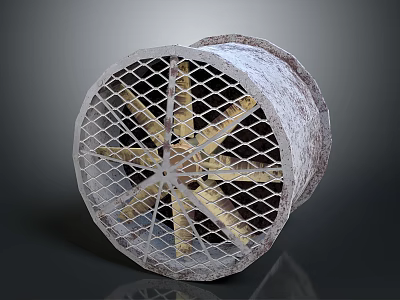 Industrial Metal Fan With Worn Texture Circular Mesh Guard And Yellow Blades 3d model