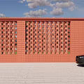 Red Brick Perforated Feature Wall with Geometric Pattern and Black Car on Paved Ground 3d model