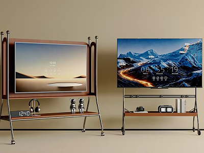 Two Modern TVs With Scenic Screens Showing Time Temperature And Wooden Metal Stands 3d model