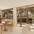 Modern Minimalist Tea House Interior Design With Round Lighting White Chairs And Wooden Stools