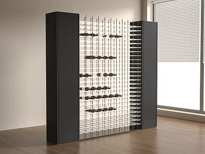Modern Black Wine Rack with Open Metal Shelves for Storing Wine Bottles in Contemporary Interior 3d model