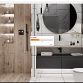 Modern Bathroom Interior With Wooden Wall Round Marble Mirror Black Cabinets And White Tiles