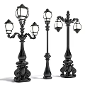 Classic Black Outdoor Lights With Multiple Lamp Heads And Ornate Carved Lamp Posts