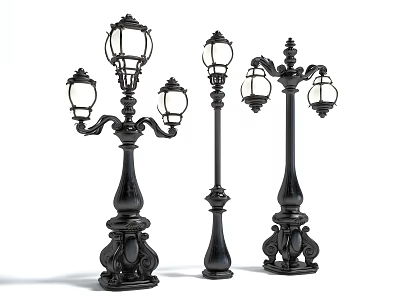 Classic Black Outdoor Lights With Multiple Lamp Heads And Ornate Carved Lamp Posts 3d model
