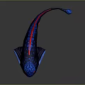 3D Rendered Fantasy Fish With Dark Blue Body Red Accents Blue Spots And Long Tail