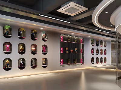 Modern Office Corridor With Illuminated Display Shelves Featuring Colorful Figures And Sleek Floor Design 3d model