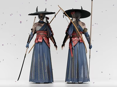 Game And Movie Character With Wide Brimmed Hat Mask And Long Staff In Blue Robe 3d model