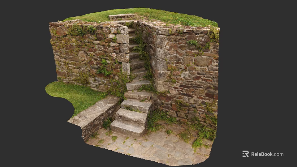 Ancient Weathered Stone Stairs Surrounded By Mossy Stone Walls And Green Grass 3d model 