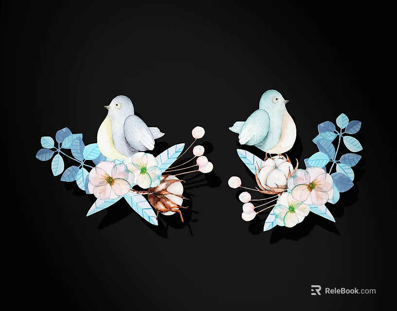 Elegant Decorative Doves With Blue Leaves Pink Flowers And Floral Accents 3d model 