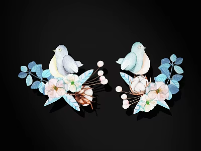 Elegant Decorative Doves With Blue Leaves Pink Flowers And Floral Accents 3d model