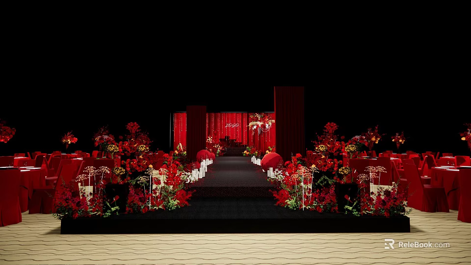 Elegant Banquet Hall With Red Floral Decorations And Wedding Stage Setup 3d model 