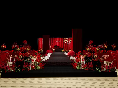Elegant Banquet Hall With Red Floral Decorations And Wedding Stage Setup 3d model