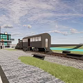 Post Station With Red Signboard Two Story Building Black Windows Train Carriage And Water Background