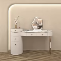 Modern White Dressing Table with Irregular Mirror Pink Cushioned Acrylic Chair and Vase with Flowers