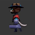 3D Anthropomorphic Cat Character Design With Hat Red Black Outfit And Blue Device