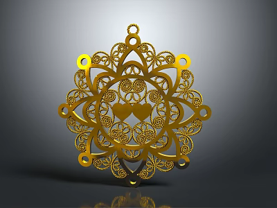 Golden Decorative Mandala Ornament With Intricate Filigree Pattern And Double Heart Center 3d model