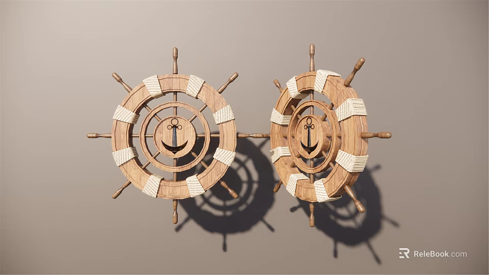 Pair Of Wooden Ship Wheel Decorative Ornament Set With White Rope And Anchor Design 3d model 
