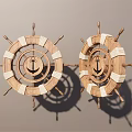 Pair Of Wooden Ship Wheel Decorative Ornament Set With White Rope And Anchor Design