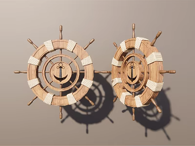 Pair Of Wooden Ship Wheel Decorative Ornament Set With White Rope And Anchor Design 3d model