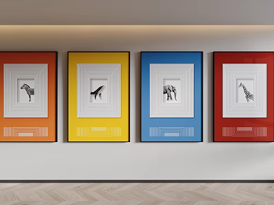 Colorful Framed Animal Pattern Decorative Paintings On Living Room Wall 3d model