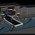 Traditional Chinese Themed Stage With Lanterns Curved Eaves Water Features And Night View Projection