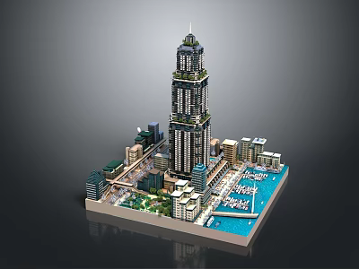 Cartoon City Scene With Tall Skyscraper Surrounding Buildings Water Area And Green Spaces 3d model