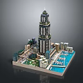 Cartoon City Scene With Tall Skyscraper Surrounding Buildings Water Area And Green Spaces