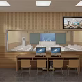School Classroom Interior With Neatly Arranged White Desks Chairs Large Screen And Ceiling Lights