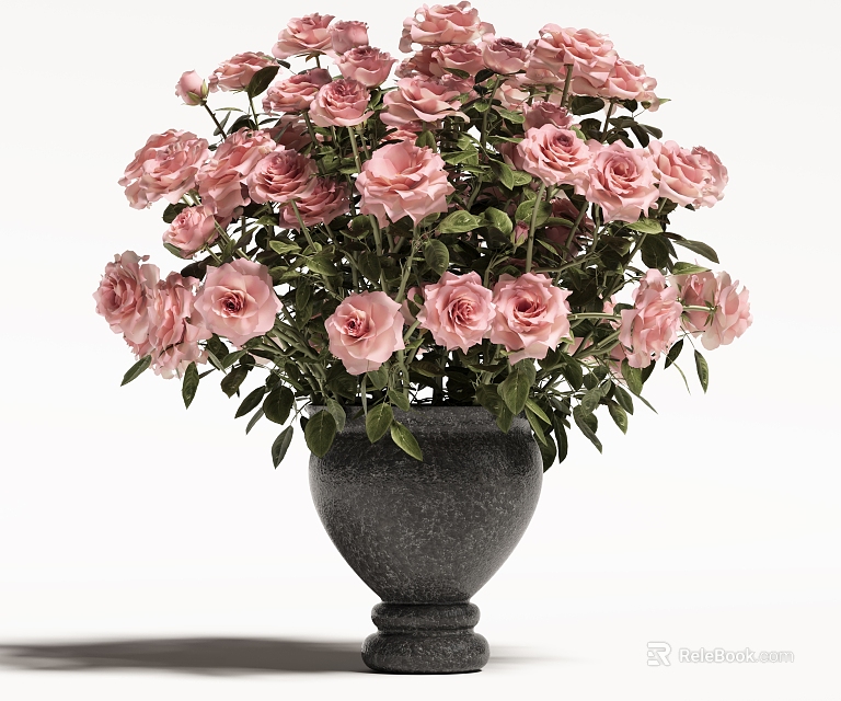 Lush Pink Roses Display in Dark Stone Vase with Vibrant Green Leaves 3d model 