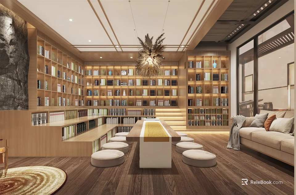 Elegant Modern Tea House Interior With Wooden Bookshelves Chandelier Long Table Sofa And Rug 3d model 