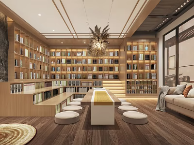 Elegant Modern Tea House Interior With Wooden Bookshelves Chandelier Long Table Sofa And Rug 3d model