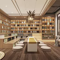 Elegant Modern Tea House Interior With Wooden Bookshelves Chandelier Long Table Sofa And Rug