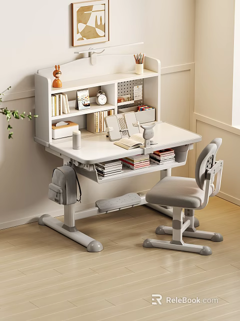 Modern Desk And Chair Set With White Bookshelf Gray Adjustable Chair For Study Room 3d model 