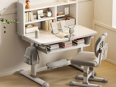 Modern Desk And Chair Set With White Bookshelf Gray Adjustable Chair For Study Room 3d model