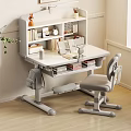 Modern Desk And Chair Set With White Bookshelf Gray Adjustable Chair For Study Room