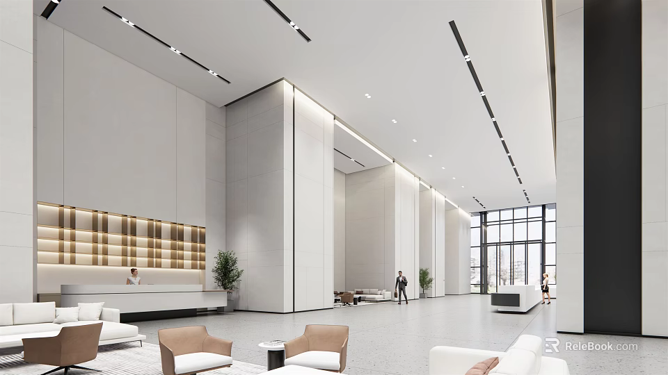 Modern Front Desk Reception Area With Waiting Chairs And Large Windows Interior Design 3d model 