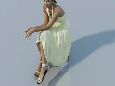 Woman In Yellow Dress Sitting On Chair With High Heels And Light Background 3d model