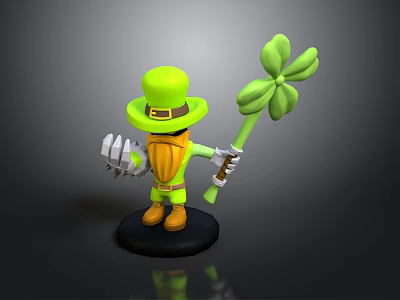 Green Leprechaun Figurine With Green Hat Orange Beard And Clover Staff On Black Base 3d model