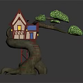 Cartoon Scene of Red Tree House with Blue Roof Yellow Windows and Green Tree Branches